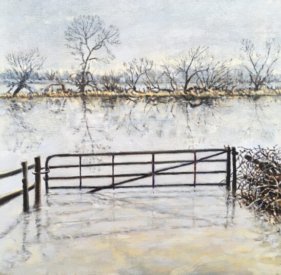 Water meadows in flood, oil on canvas